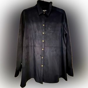 Foxcroft NYC Navy Ultra suede, long-sleeved button-down top Size 14